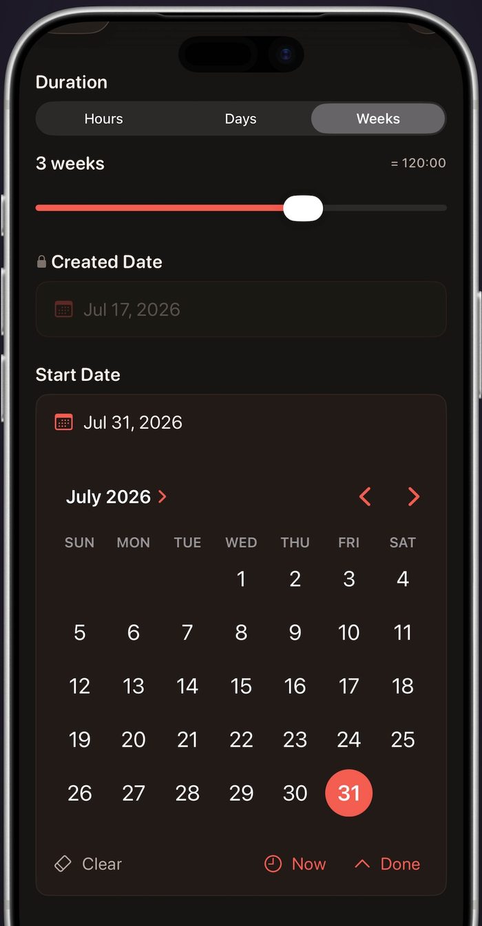 Air Fill running on an iPhone, showing an Airtable form with a segmented Duration control, a slider, and an inline calendar.