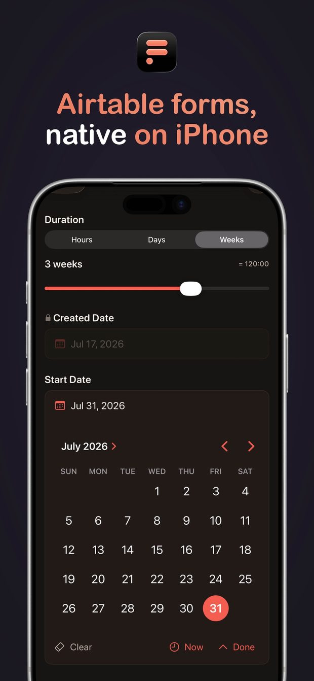 Air Fill's App Store cover, headed "Airtable forms, native on iPhone", showing the app icon above an iPhone running an Airtable form with a Duration segmented control, a slider set to 3 weeks, and an inline July 2026 calendar.