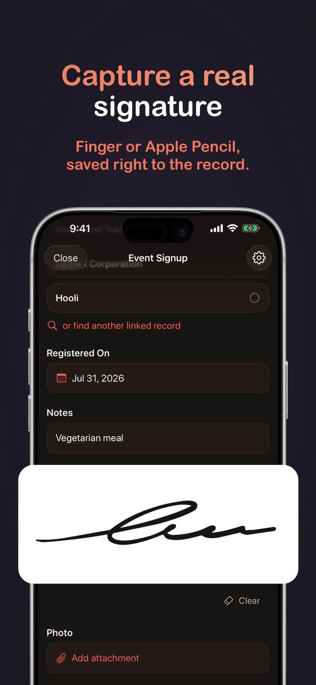 App Store preview headed "Capture a real signature", showing a handwritten signature drawn across a white signature pad inside an Event Signup form.