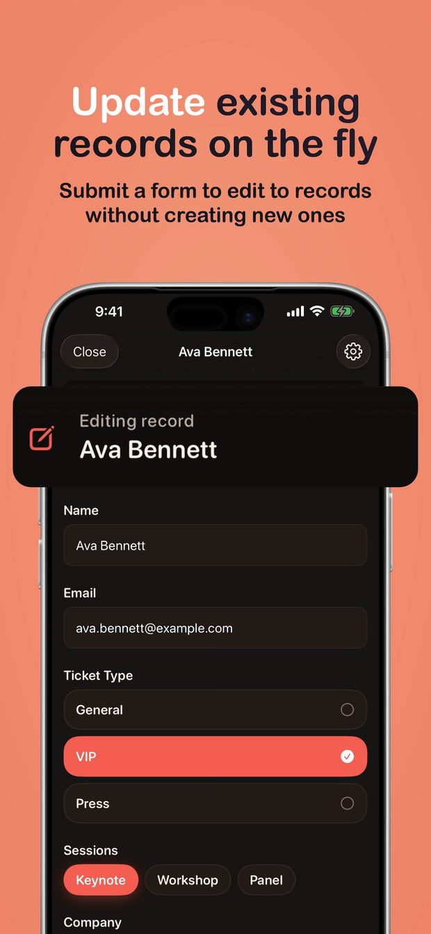 App Store preview headed "Update existing records on the fly", showing an Editing record banner for Ava Bennett above a form with VIP selected as the ticket type.